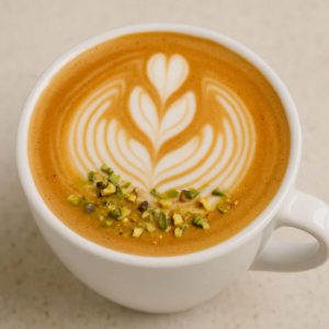 Flat white z rozetą z mleka i dekoracją z siekanych pistacji