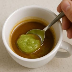 Pistacjowa pasta dodana do espresso w białej filiżance